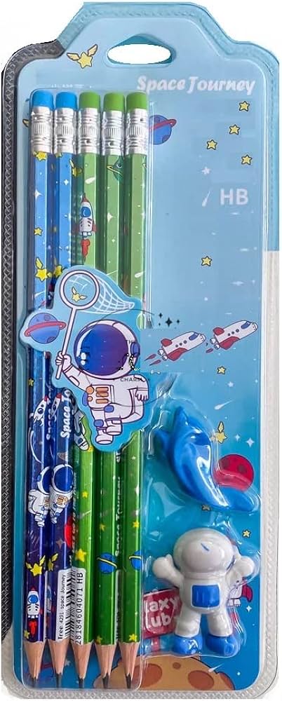 Space themed HB graphite pencil- 10 pieces with finger grip and eraser- blue