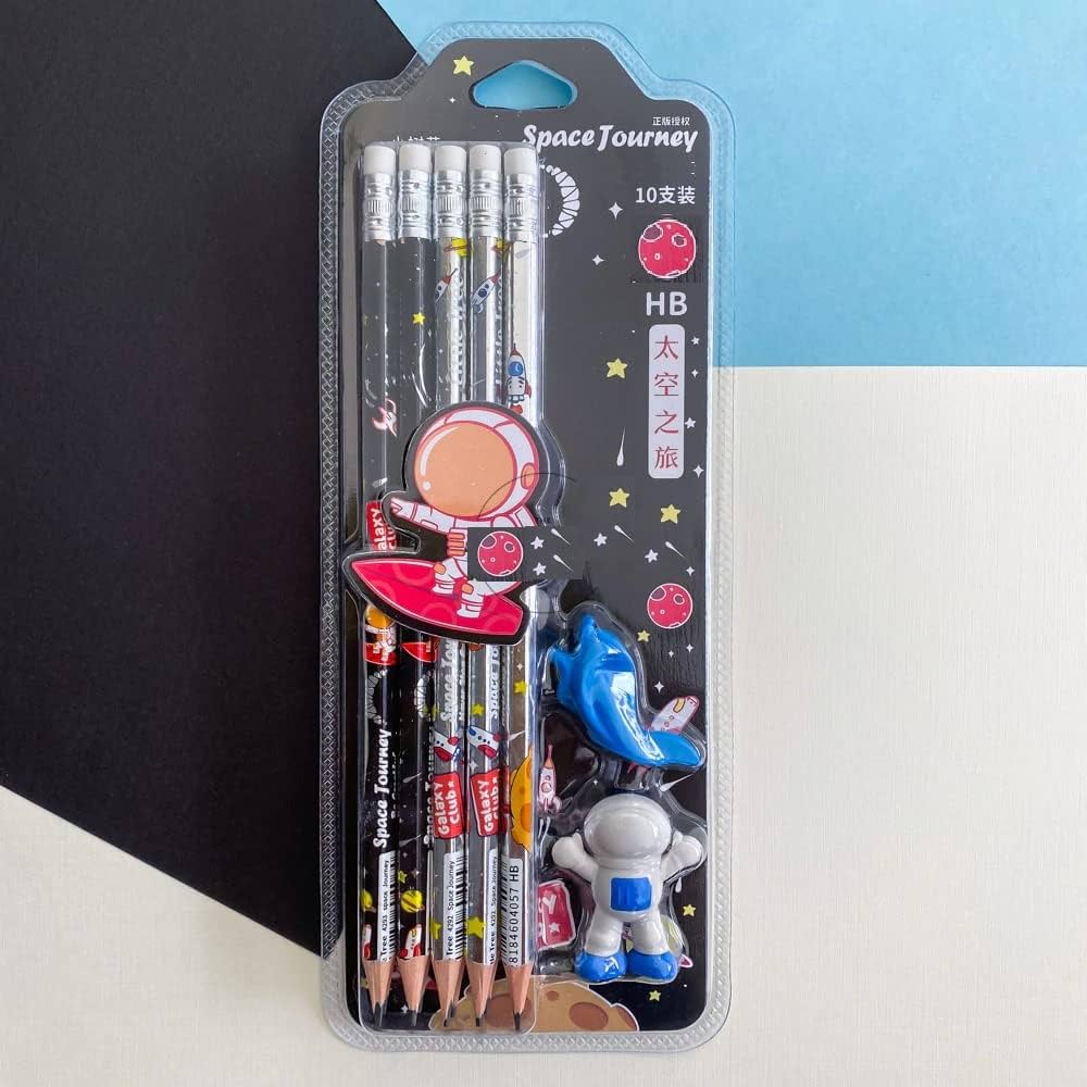 Space themed HB graphite pencil- 10 pieces with finger grip and eraser- black