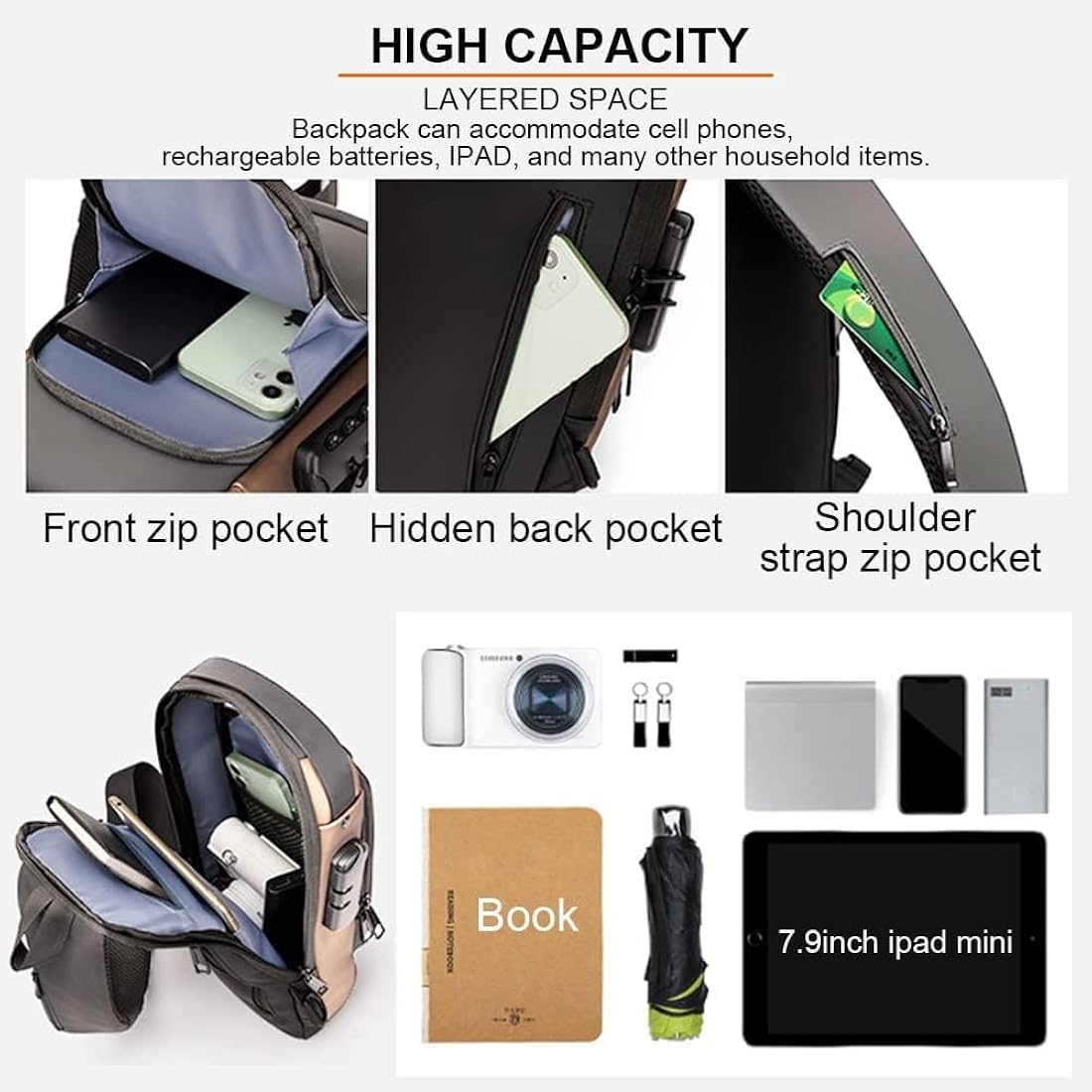 UNISEX ANTI-THEFT WATERPROOF, DURABLE AND COMFORTABLE CHEST BAG / CROSSBODY BAG - grey/tan colour