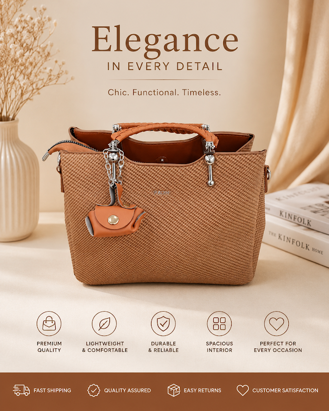 brown handbag with a cute accessory
