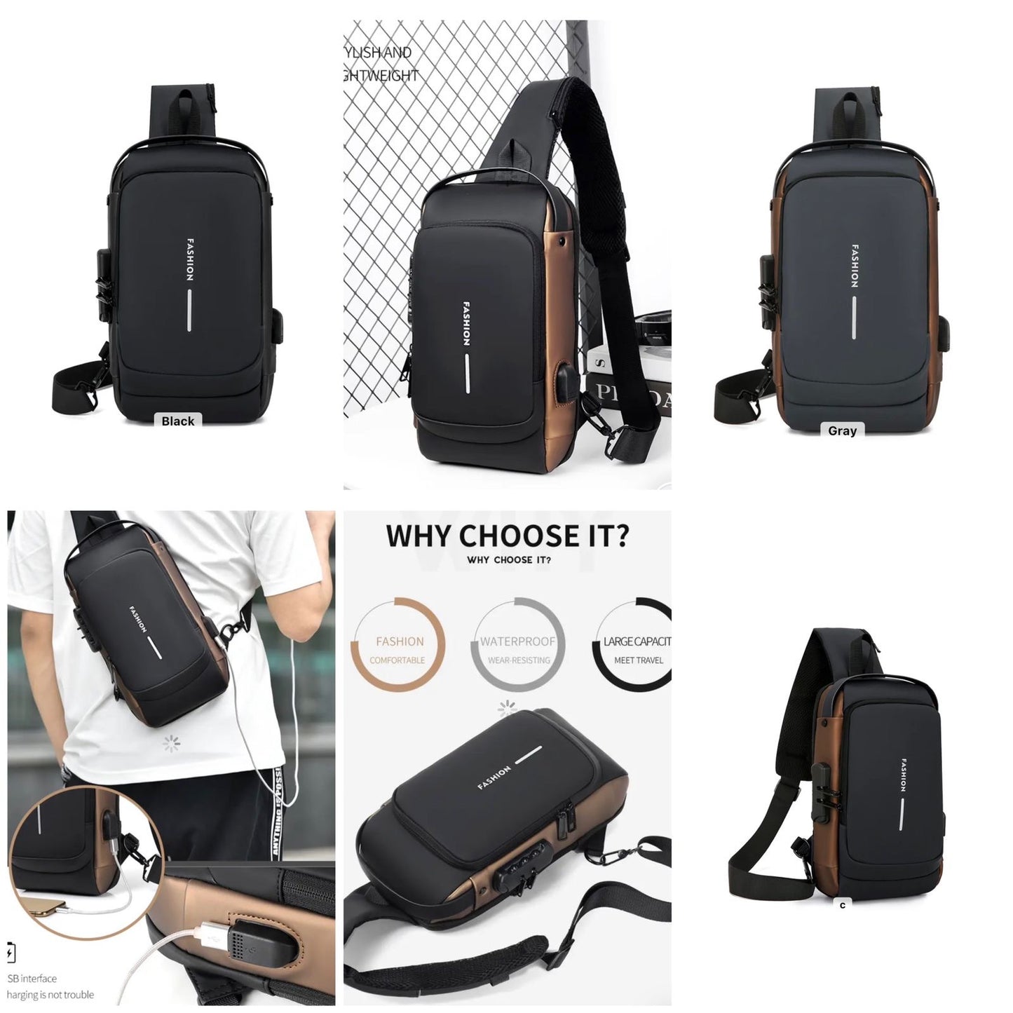 UNISEX ANTI-THEFT WATERPROOF, DURABLE AND COMFORTABLE CHEST BAG / CROSSBODY BAG - black/tan colour
