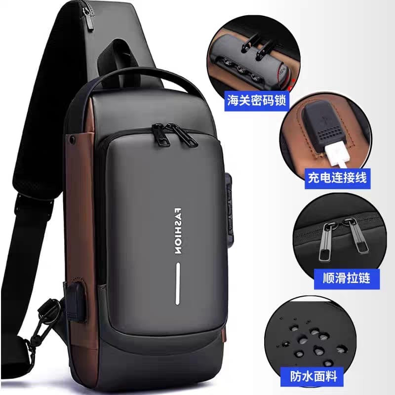UNISEX ANTI-THEFT WATERPROOF, DURABLE AND COMFORTABLE CHEST BAG / CROSSBODY BAG - black/tan colour