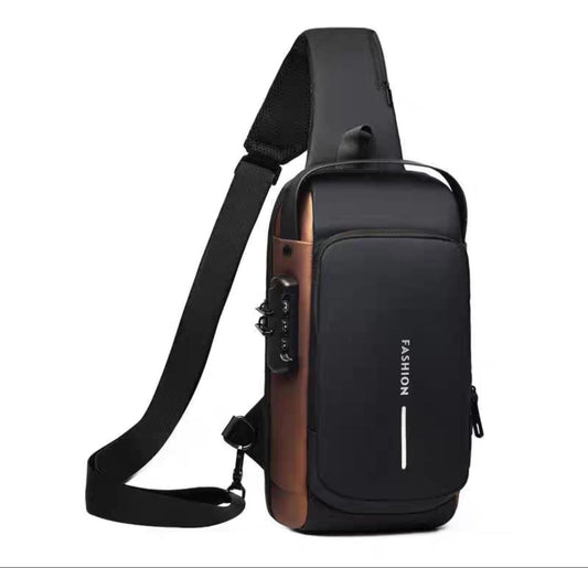 UNISEX ANTI-THEFT WATERPROOF, DURABLE AND COMFORTABLE CHEST BAG / CROSSBODY BAG - black/tan colour