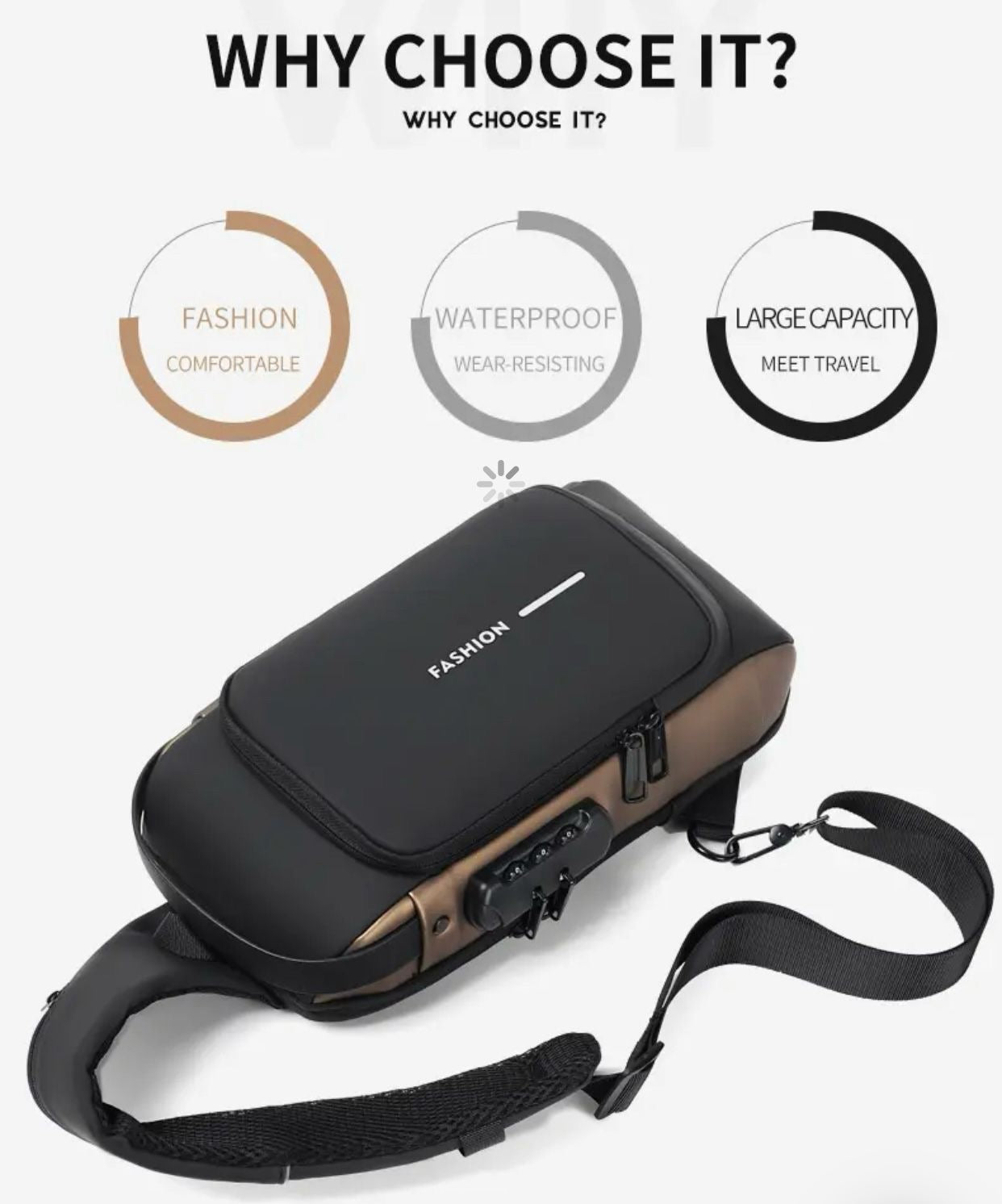 UNISEX ANTI-THEFT WATERPROOF, DURABLE AND COMFORTABLE CHEST BAG / CROSSBODY BAG - black/tan colour