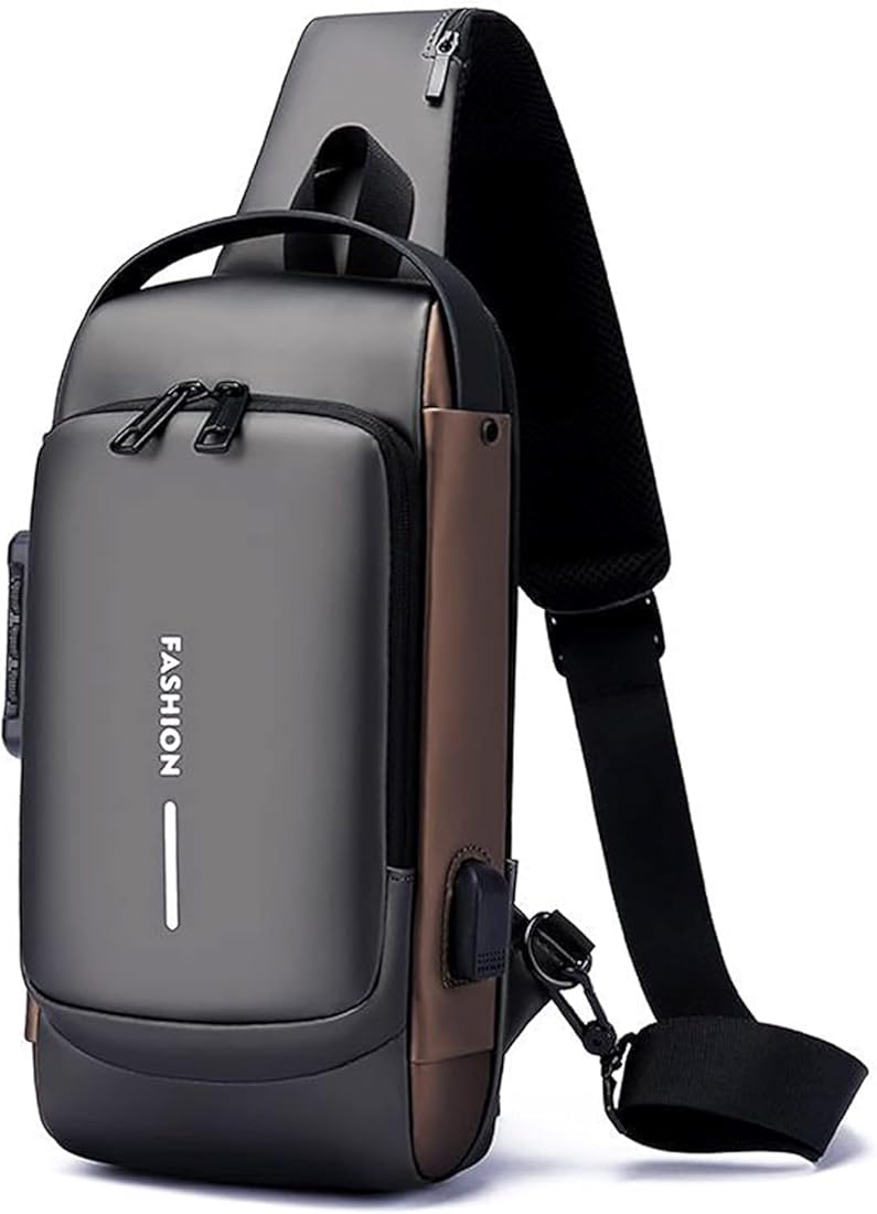 UNISEX ANTI-THEFT WATERPROOF, DURABLE AND COMFORTABLE CHEST BAG / CROSSBODY BAG - grey/tan colour