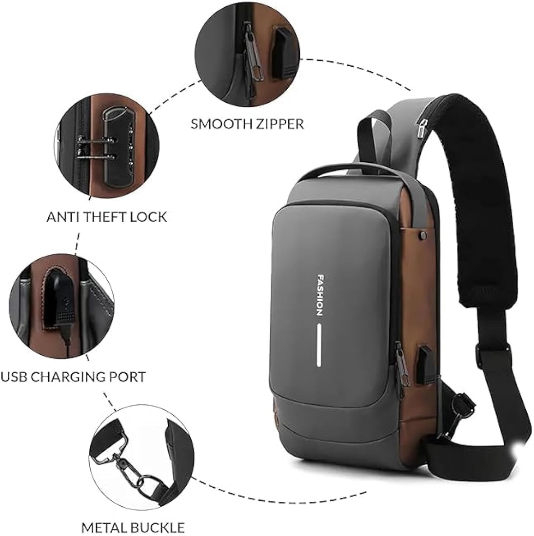 UNISEX ANTI-THEFT WATERPROOF, DURABLE AND COMFORTABLE CHEST BAG / CROSSBODY BAG - grey/tan colour