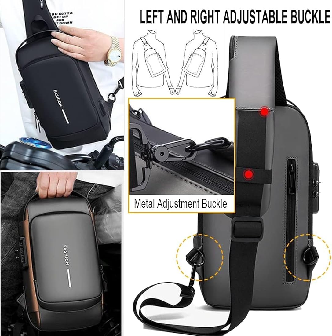 UNISEX ANTI-THEFT WATERPROOF, DURABLE AND COMFORTABLE CHEST BAG / CROSSBODY BAG - grey/tan colour