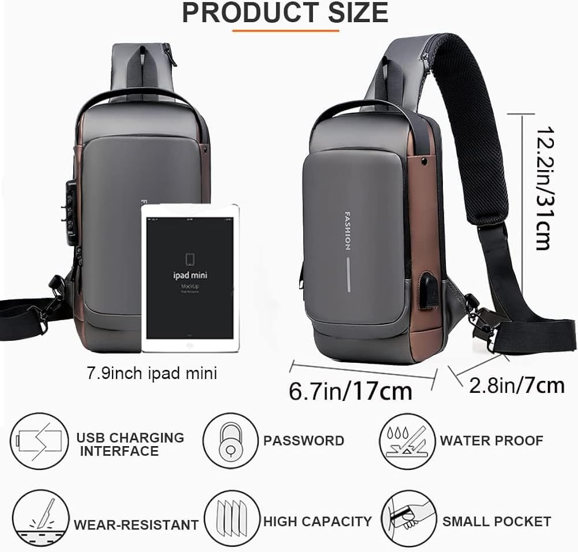 UNISEX ANTI-THEFT WATERPROOF, DURABLE AND COMFORTABLE CHEST BAG / CROSSBODY BAG - grey/tan colour